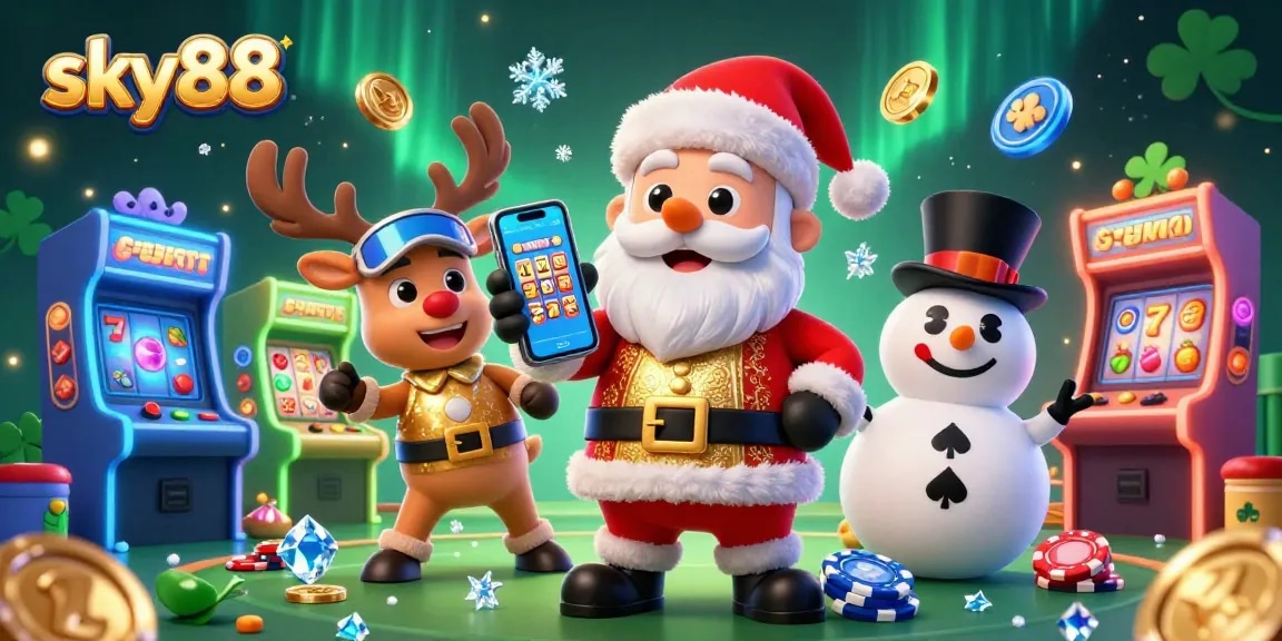 Experience the festive excitement of sky88 with Santa, his reindeer, and a snowman in a vibrant casino scene.