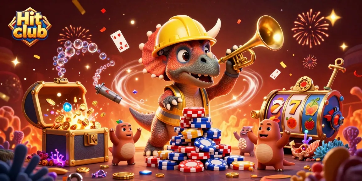 Celebrate the Hit club with a dazzling 3D illustration featuring a triceratops and casino games.