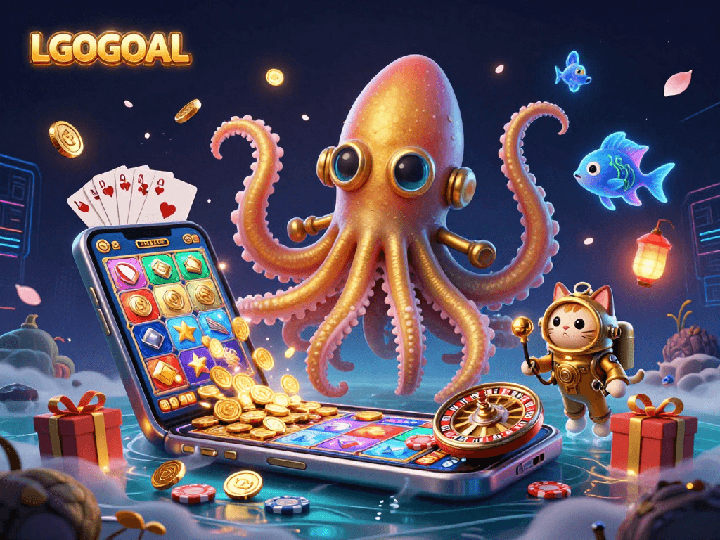 Engage with captivating LGOGOAL gaming action in a vibrant underwater scene filled with slots and treasures.