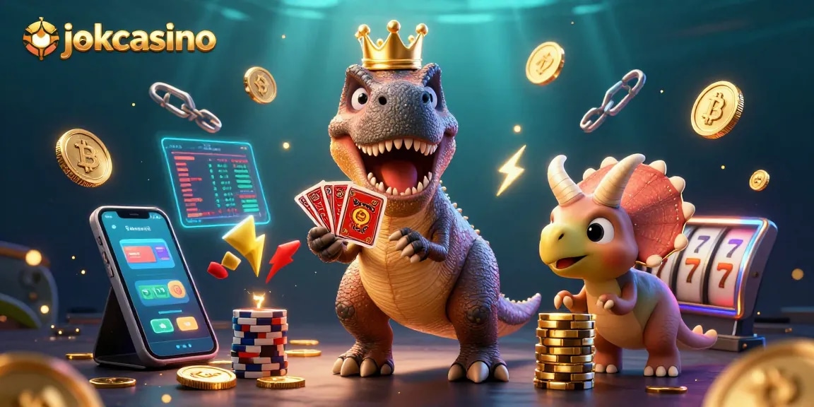 Engage at jokacasino with a fun 3D illustration of a T-Rex shuffling cards amid slot machines and crypto coins.
