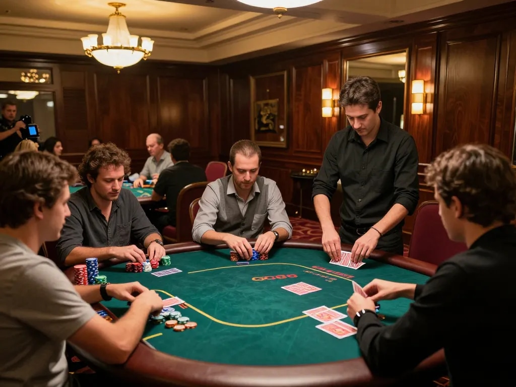 Experience strategic gameplay at GG88 with players focused at a poker table, vibrant casino atmosphere.