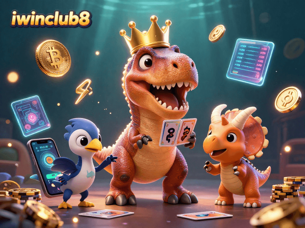 Experience the thrilling excitement of iwinclub8 with cartoon dinosaurs engaged in a vibrant casino scene.