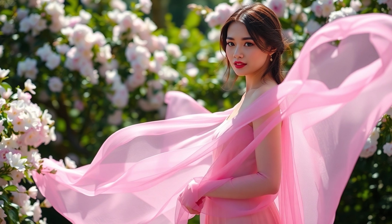 Chiffon jurk stralend in een zonovergoten tuin met bloemen.