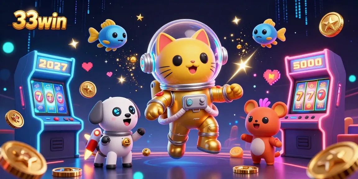 Experience thrilling action at 33win with an astronaut cat and robot dog in a vibrant casino scene.