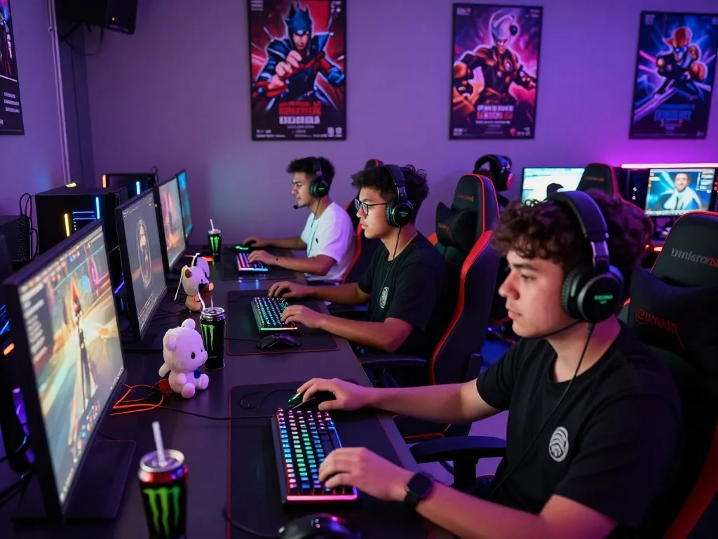 Intense gaming experience with players focused on their screens and vibrant setups, showcasing ligasedayu community.