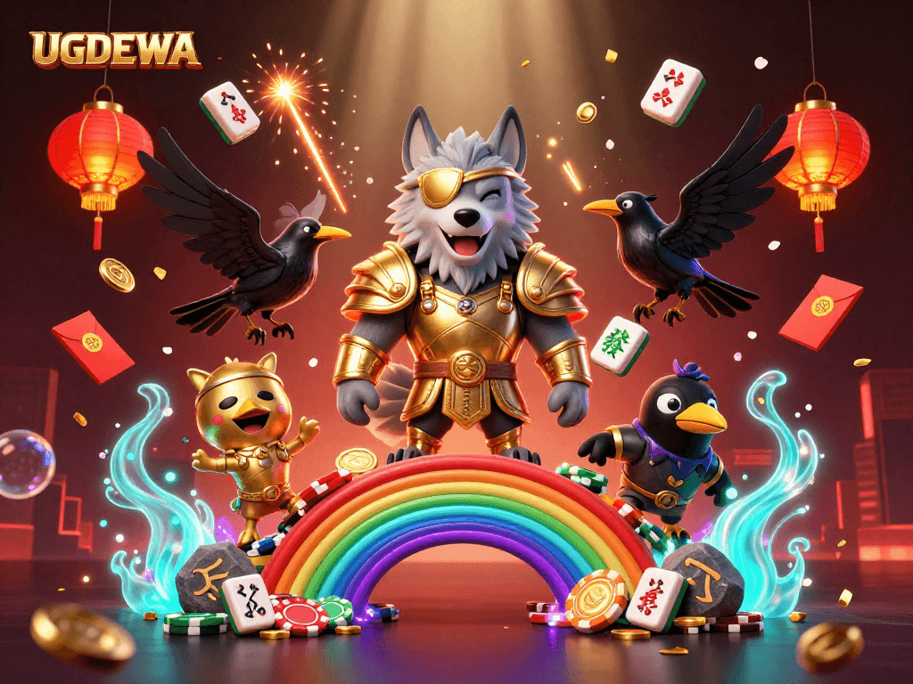 Enter the world of UGDEWA with a cinematic illustration showcasing vibrant casino elements and Norse mythology.