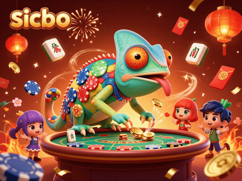 Experience the thrilling world of Sicbo as a playful chameleon casino owner watches the game, catching golden coins.
