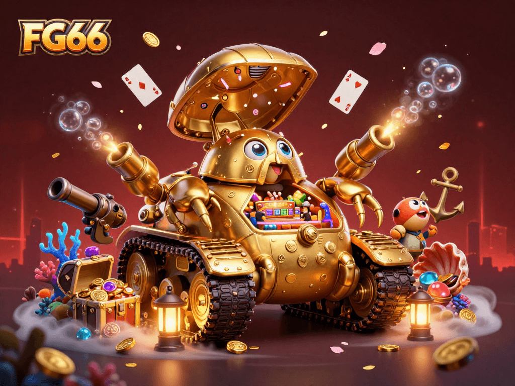 FG66 showcases a dynamic 3D cartoon casino scene with gold coins and vibrant game elements.