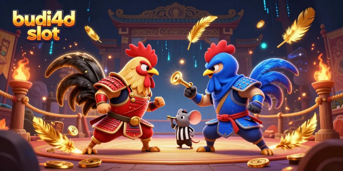 Engage with the dynamic budi4d slot scene featuring roosters in combat at a vibrant casino arena.