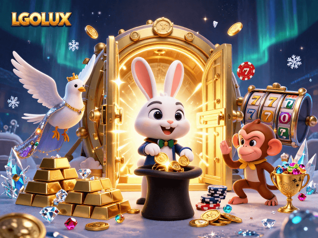Experience thrilling slots with LGOLUX, where playful characters showcase golden treasures and casino excitement.