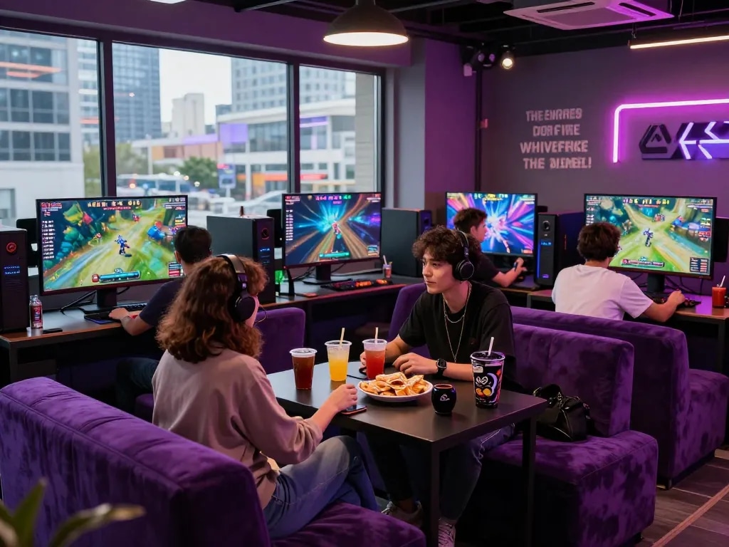 Engaging gaming session at mantra88 with friends in vibrant neon lounge.