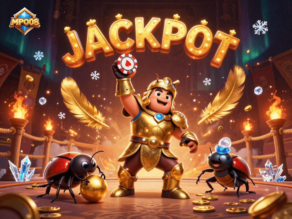 MPO08 showcases a victorious cartoon beetle lifting a poker chip in an engaging casino scene.