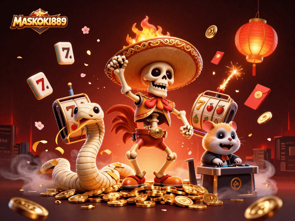 Experience the thrill of gambling with MASKOKI889 featuring a vibrant 3D casino scene packed with slot reels and festive characters.