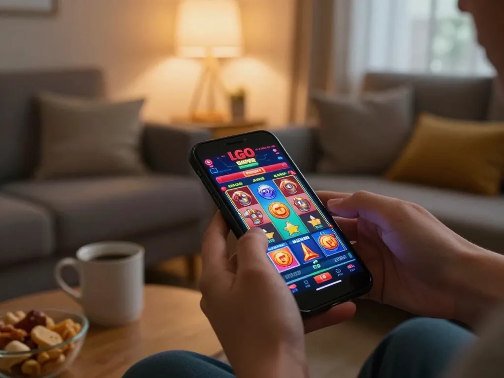 Engaging with LGO SUPER app while playing slots in a cozy home setting.