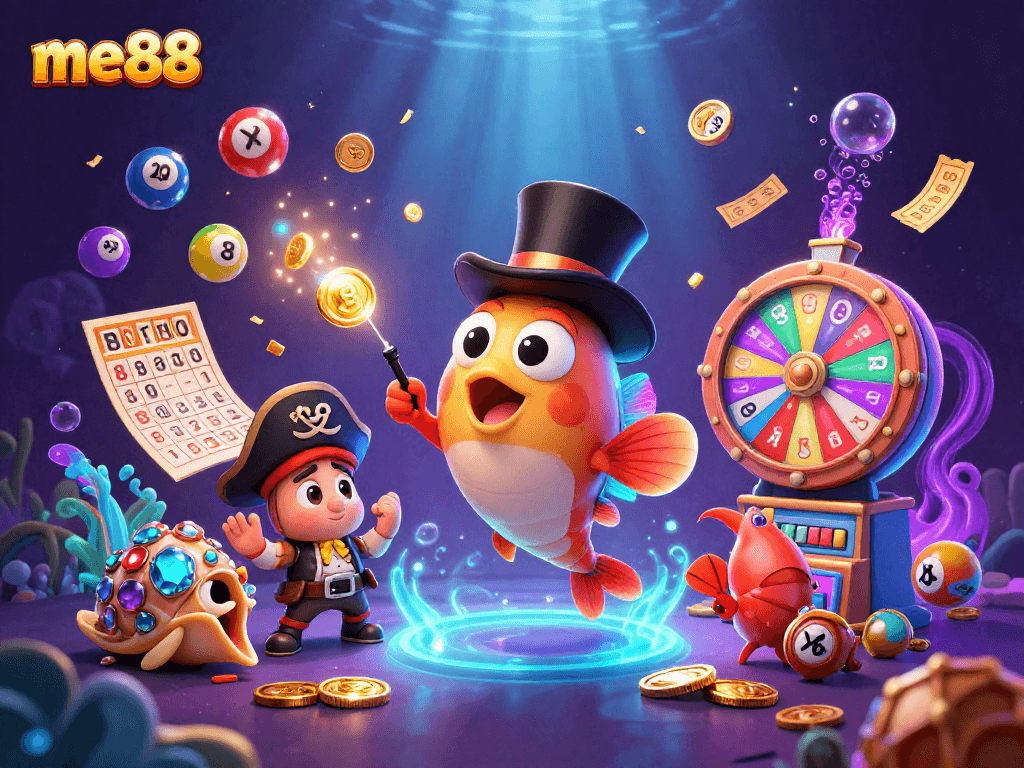 Join the fun at me88 with an exciting underwater casino scene featuring vibrant lottery games!