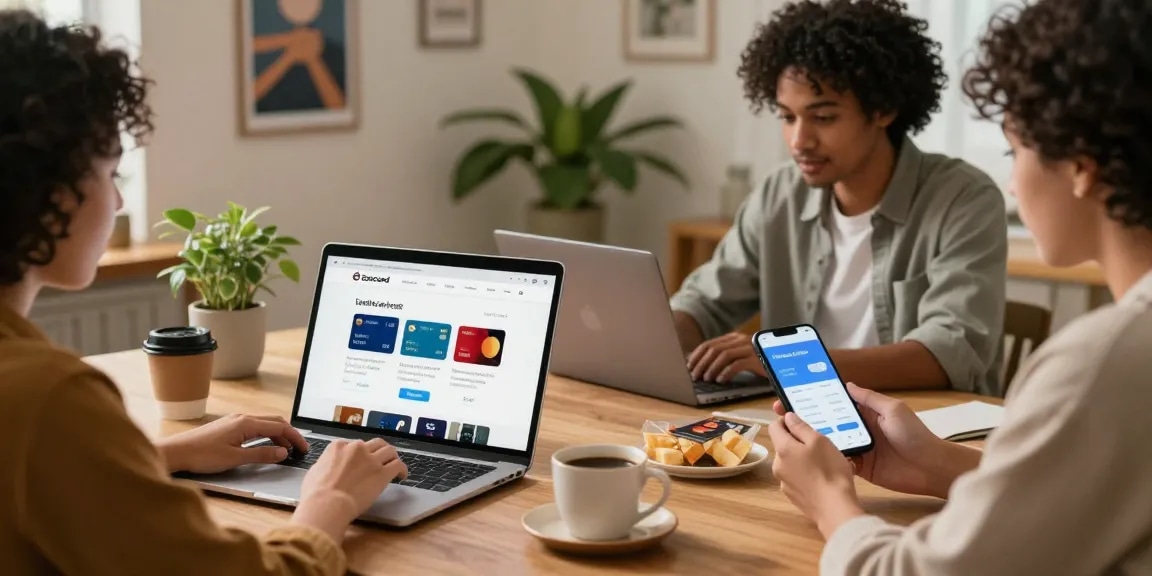 Ezzocard users browsing virtual prepaid Visa and Mastercard options online in a cozy workspace.