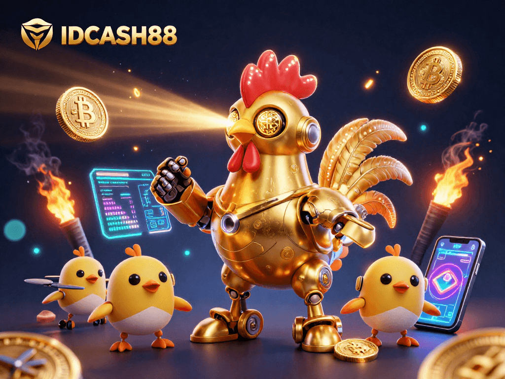 Experience thrilling gameplay with IDCASH88 as a golden rooster robot leads on a vibrant digital casino scene.