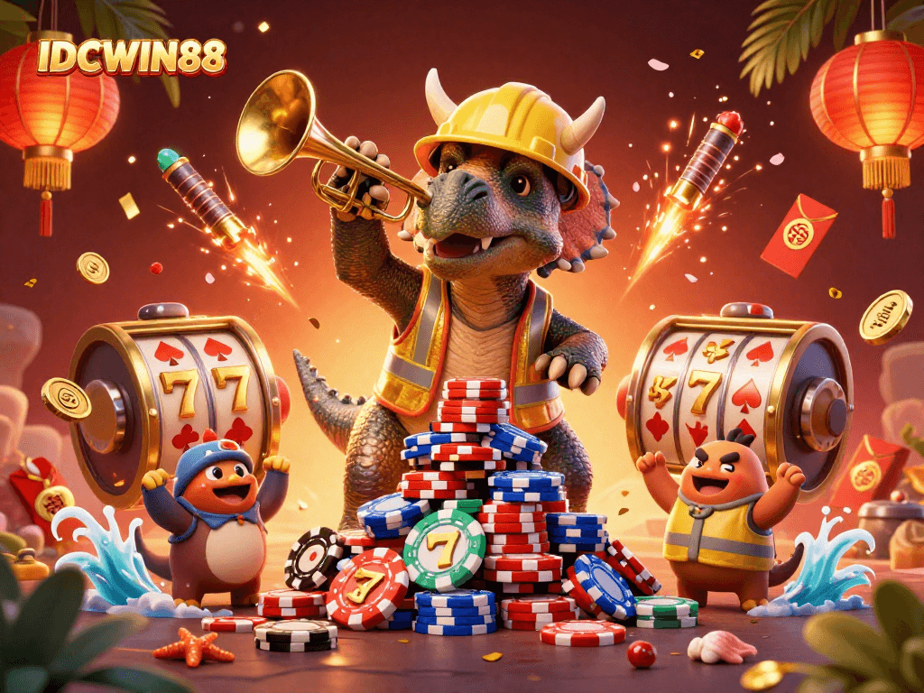 Engage with IDCWIN88 at an exciting casino scene filled with dynamic elements and celebrations.