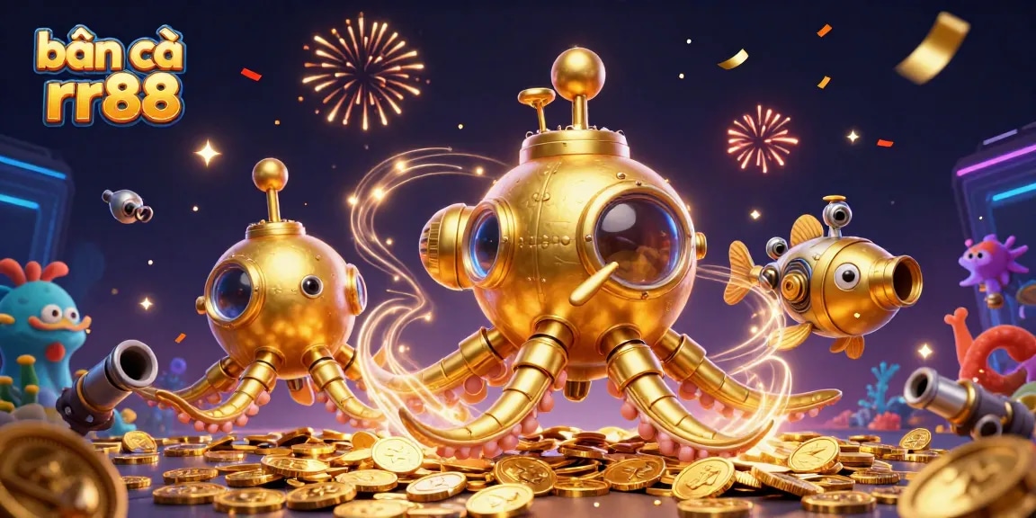 Bắn cá rr88 with a vibrant kraken submarine and mechanical fish in a sea of coins, showcasing underwater action.