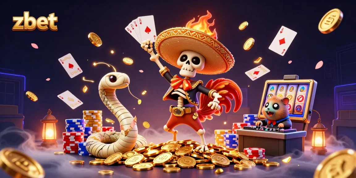 Experience zbet's thrilling victory dance with vibrant casino characters amid cascading coins and gems.
