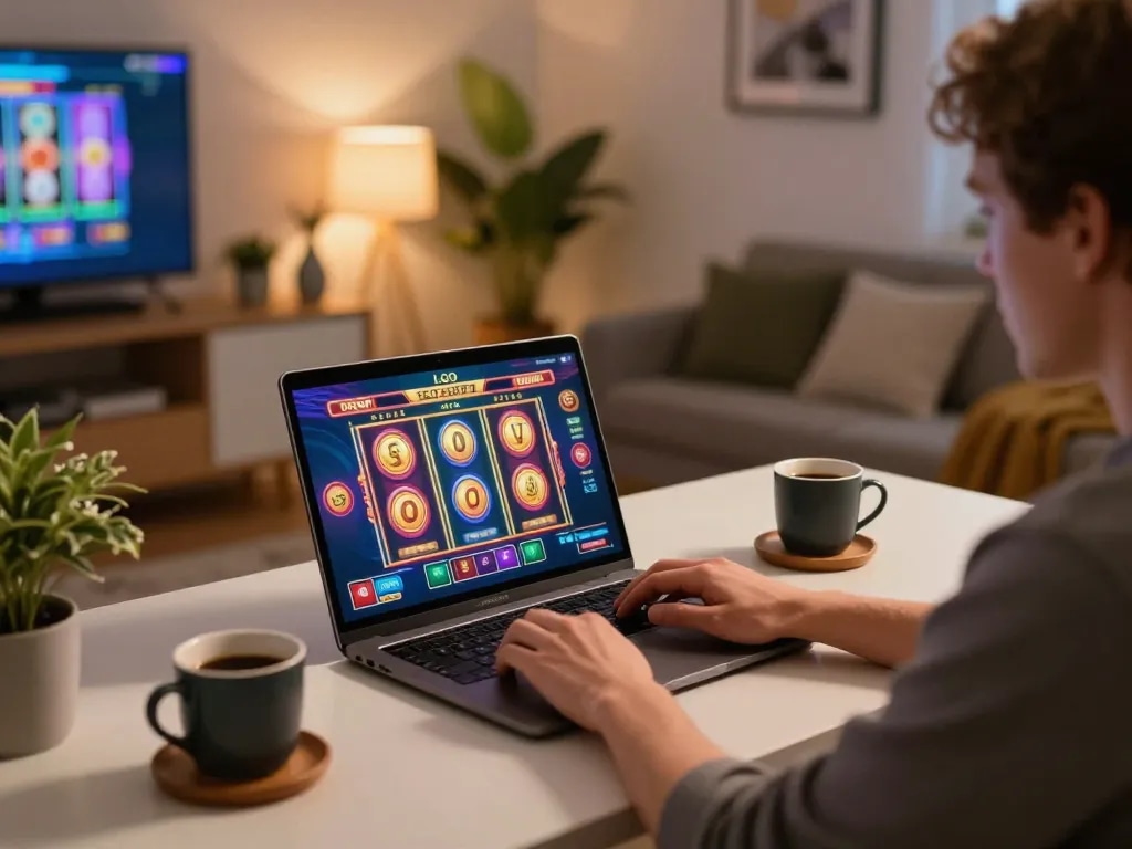 LGO SUPER gaming session showing colorful slots on laptop in cozy home office