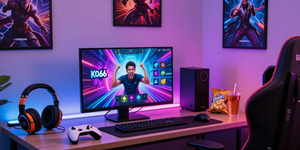 Engaged gamer enjoying the KO66 app in a vibrant gaming setup with colorful lighting.