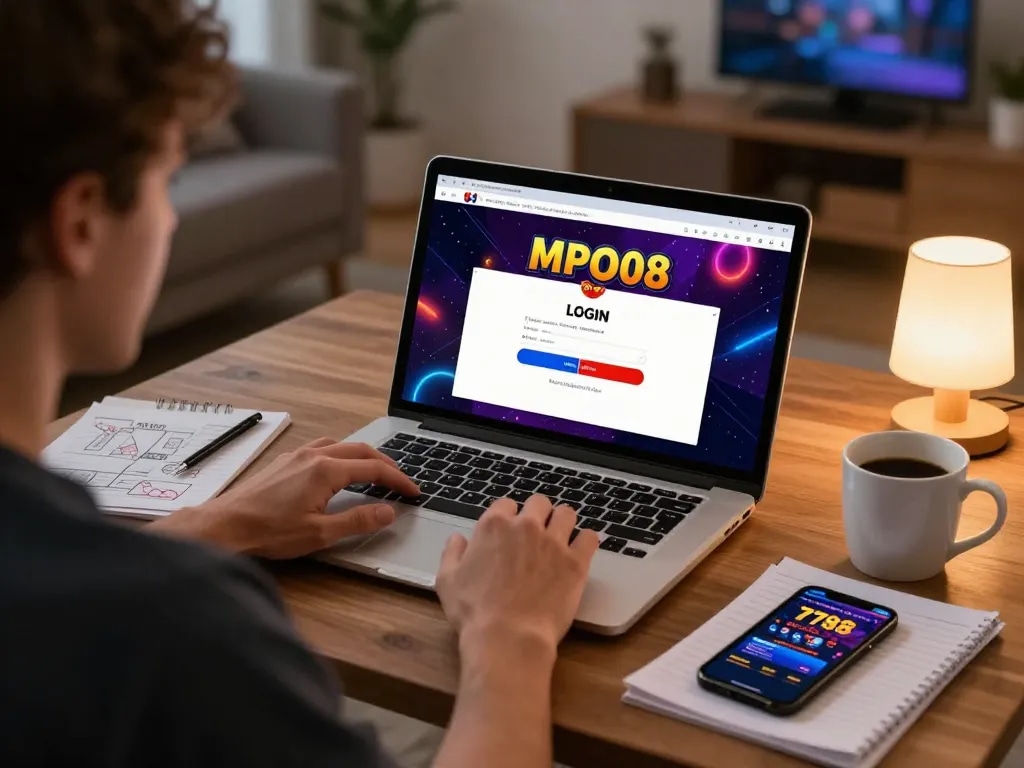 MPO08 Login 778 gameplay session shows player engaged with vibrant online casino interface in a cozy setting.