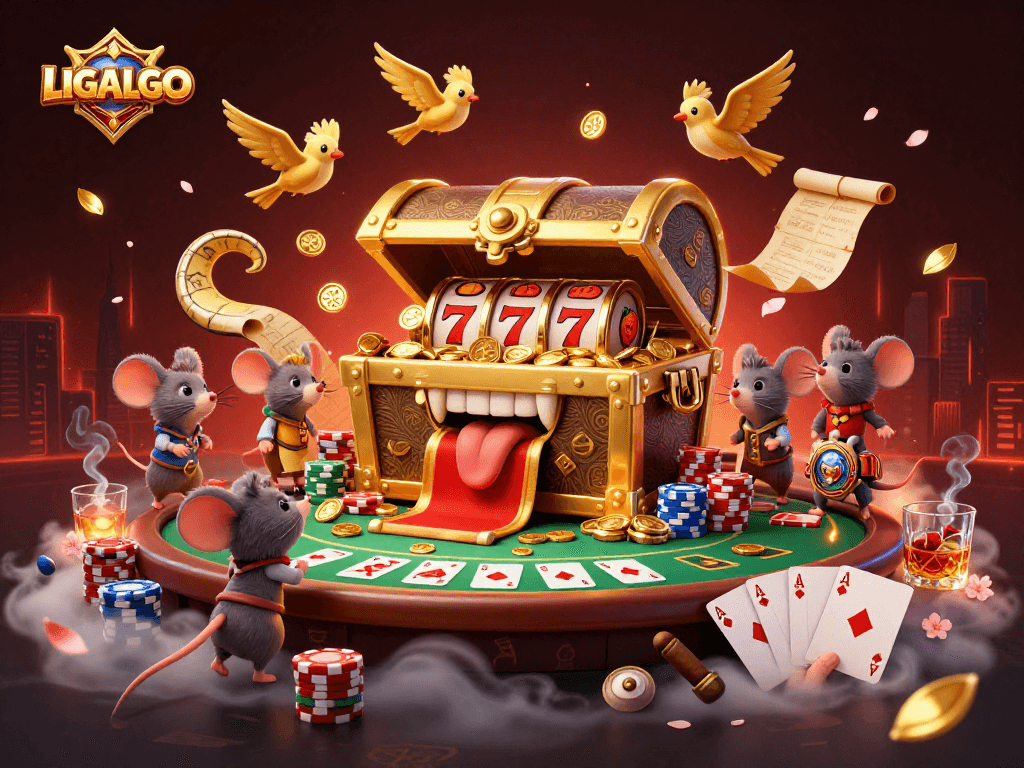 LIGALGO showcases an adventurous scene with a treasure chest and slot reels attracting players seeking big wins.
