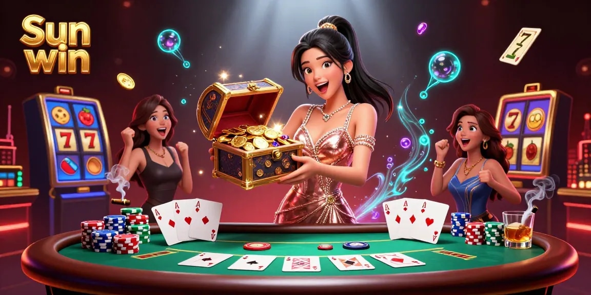 Play and win big with Sun win at the vibrant, luxury casino atmosphere filled with gold and excitement.