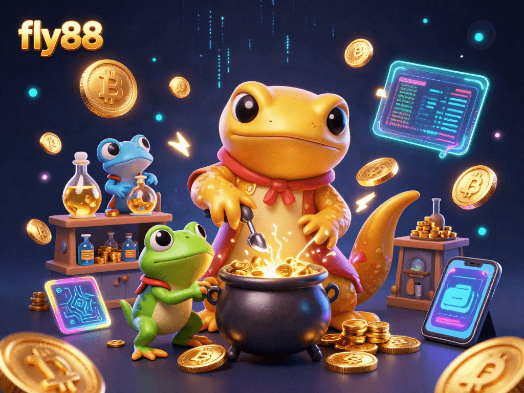 fly88 engages players in a magical casino scene with gold creation and crypto elements.