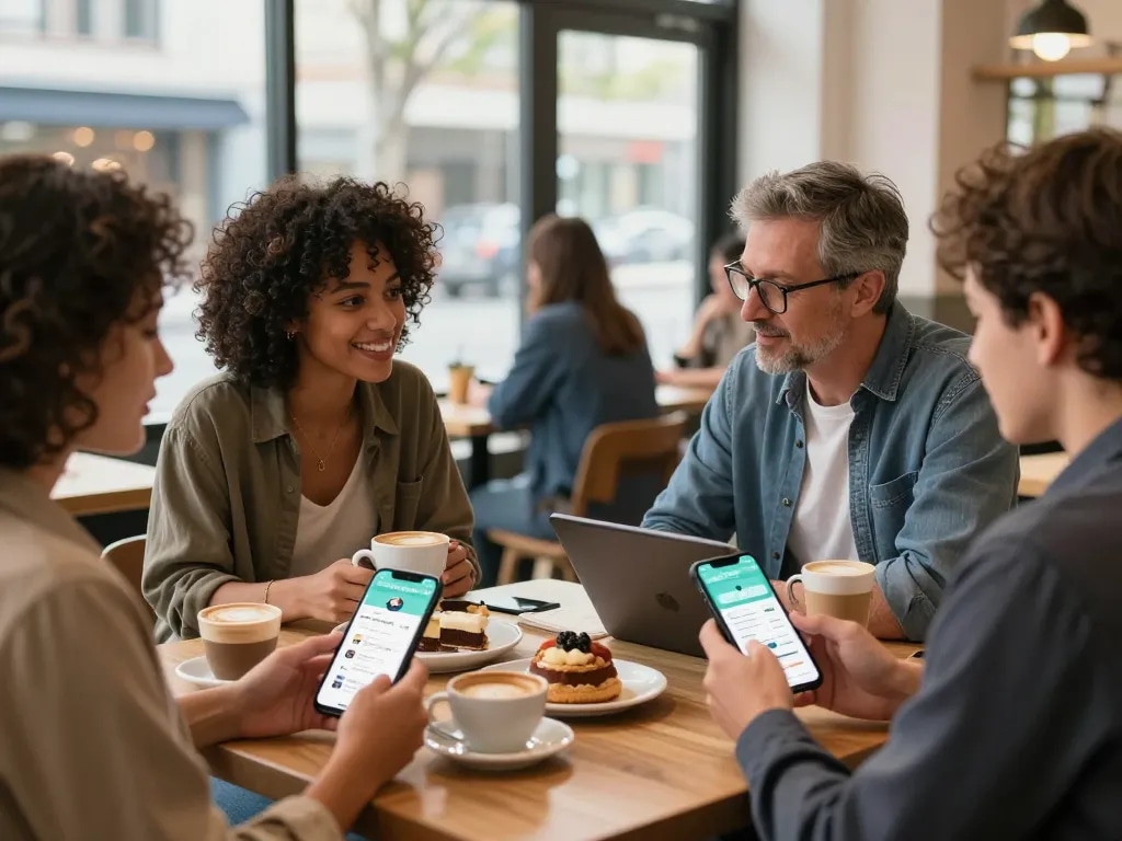 Users enjoying the My Fairplay app in a lively cafe setting with vibrant atmosphere.