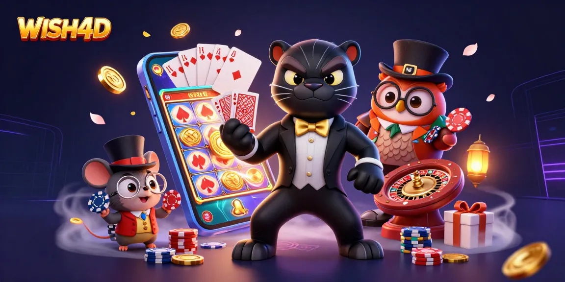 WISH4D casino scene with stylish characters dealing cards and vibrant gaming elements