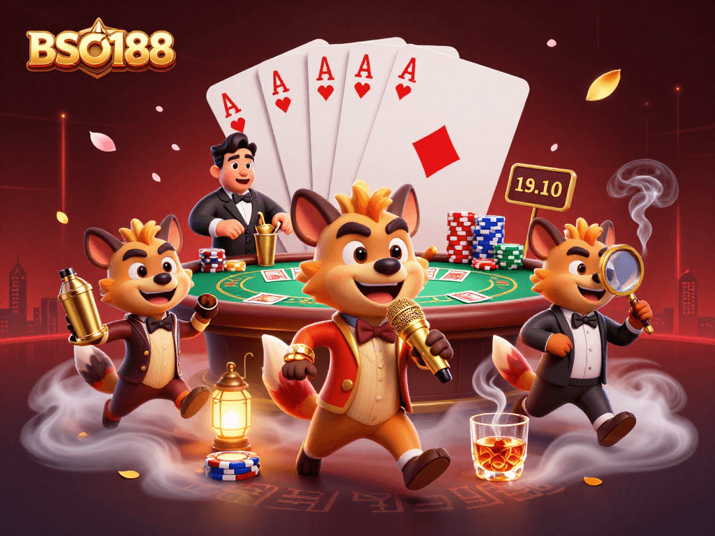 Experience the excitement of BSO188 with vibrant hyena characters in a dynamic casino scene.