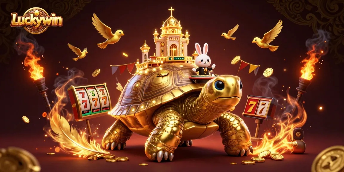 Experience the thrill of Luckywin with a 3D tortoise casino scene featuring vibrant characters and slot games.