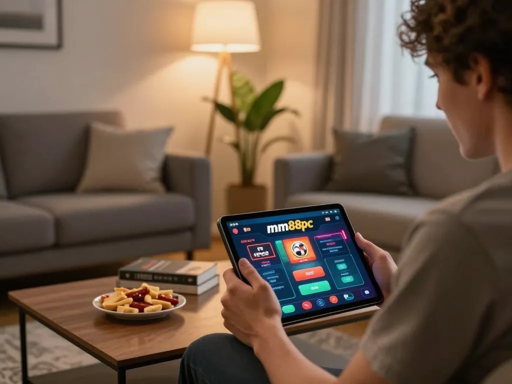 Person engaging with mm88pc casino app on tablet in a cozy living room