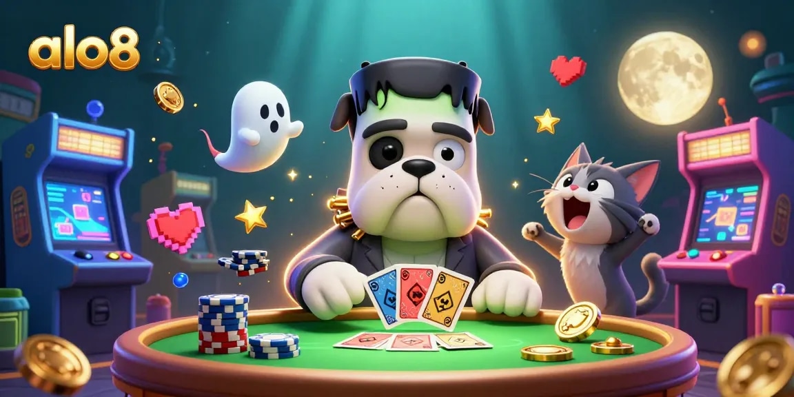 Play casino games at alo8 with a unique twist, featuring a Frankenstein bulldog dealer and spooky atmosphere.