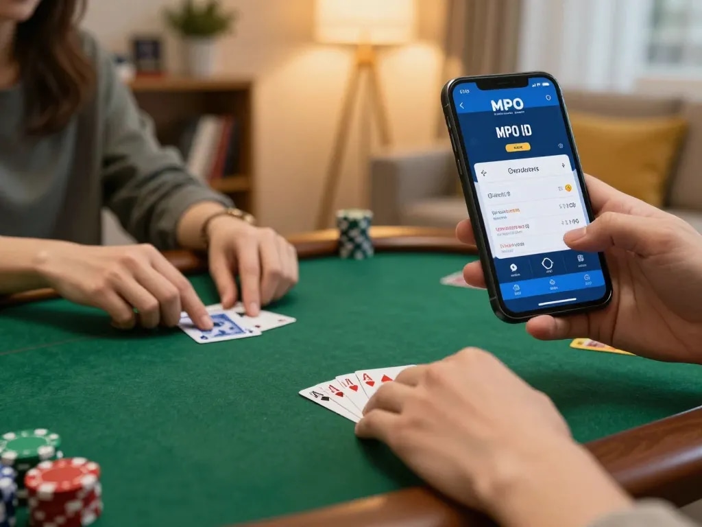 MPO ID app displayed on a smartphone during an exciting online poker game in a cozy living room.