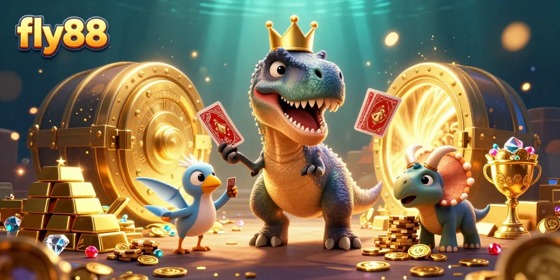 Experience the thrill of fly88 as a friendly T-Rex shuffles cards with assistance in a vibrant casino scene.