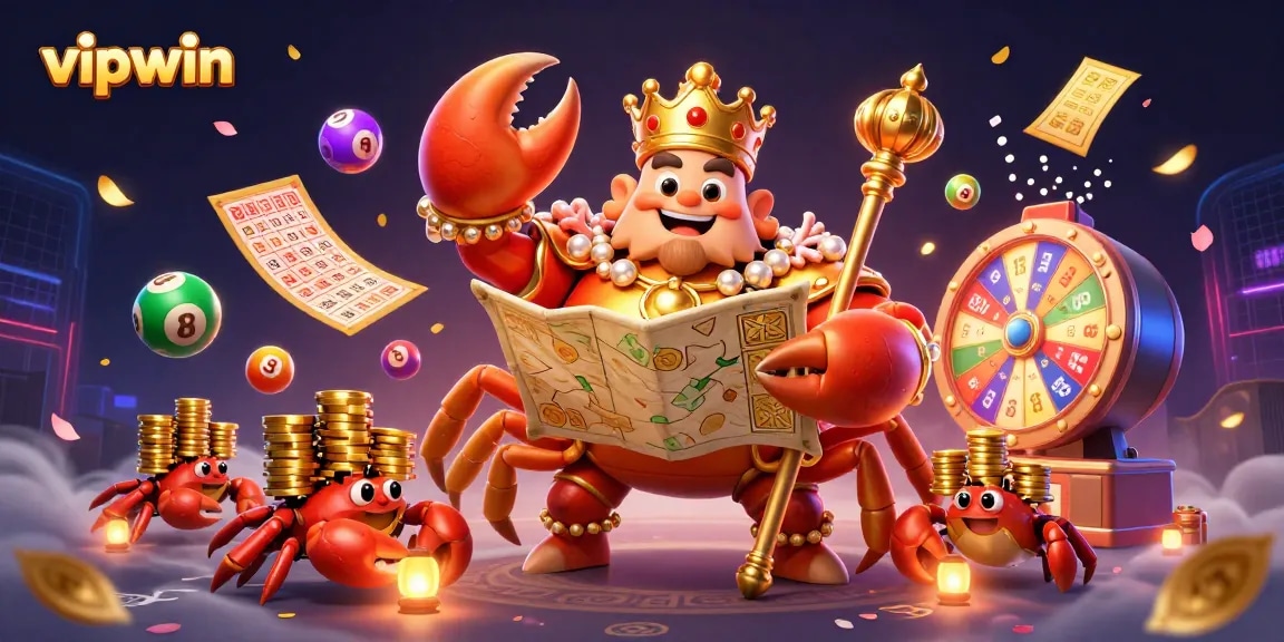 Experience exciting wins at vipwin with colorful lottery elements and a golden crab emperor.