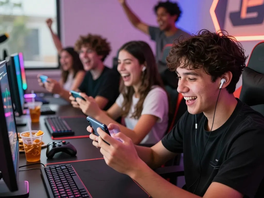 Players enjoying mobile games on AUTOWIN88 in a vibrant gaming environment.
