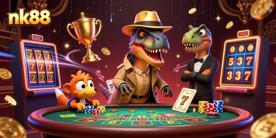 Engage with nk88's vibrant casino scenes showcasing a velociraptor card counter at a dynamic slot machine.