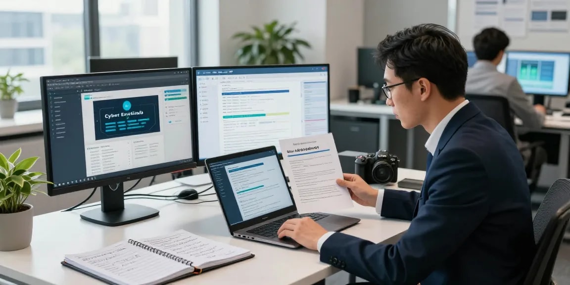 IT consultant reviewing Cyber Essentials cost and compliance strategies in a modern office