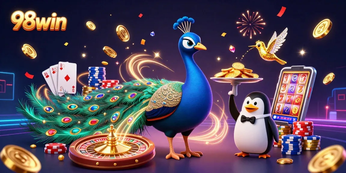 Engage with 98win's vibrant casino scene featuring a peacock, penguin, and hummingbird amidst dynamic gaming elements.