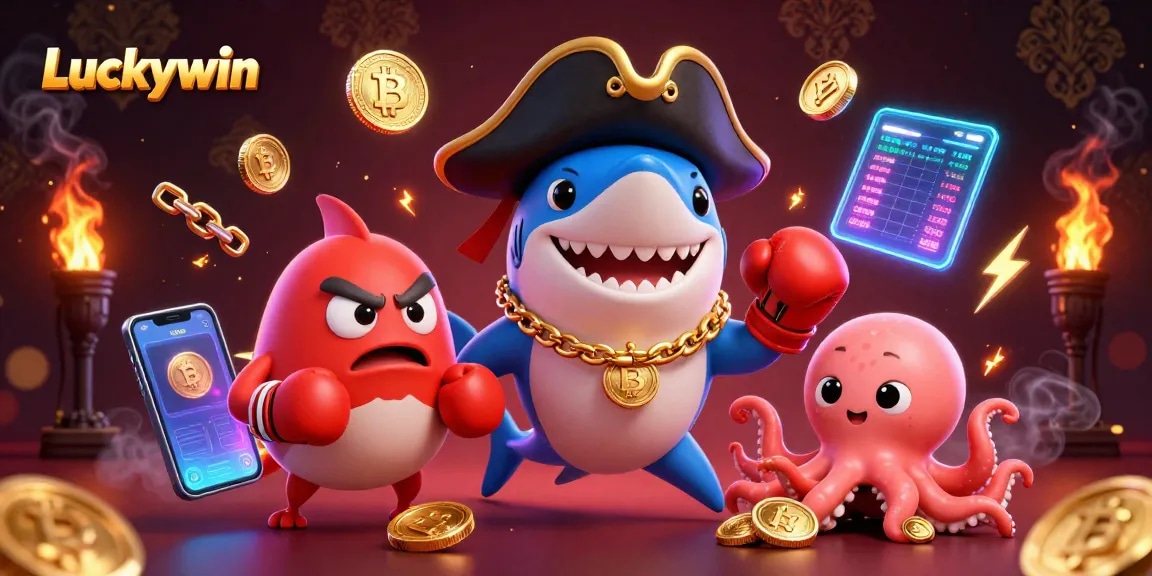 Experience exciting gameplay with Luckywin's characters in a vibrant casino scene filled with gold coins.