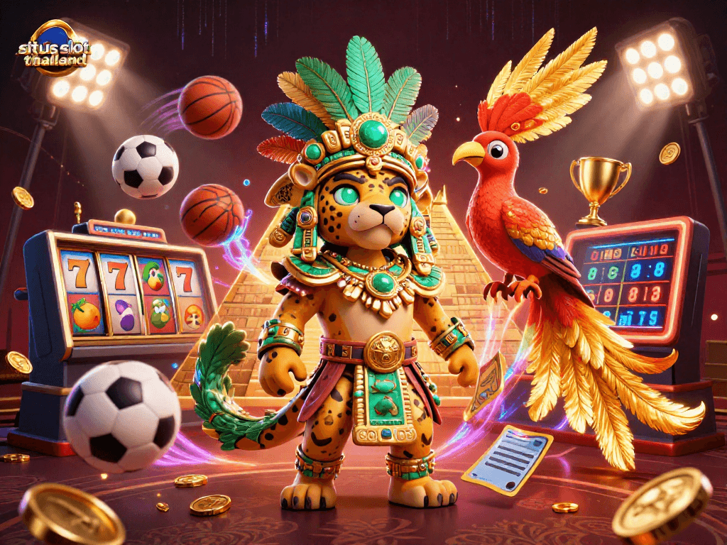 Experience thrilling gameplay in situs slot thailand with a 3D Mayan priest and vibrant slot elements.