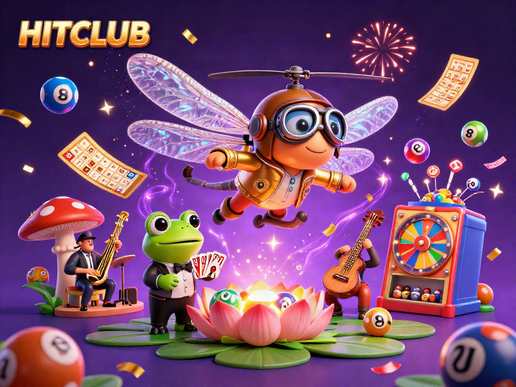 HITCLUB showcases a vibrant casino scene with colorful lottery elements and a dragonfly pilot.