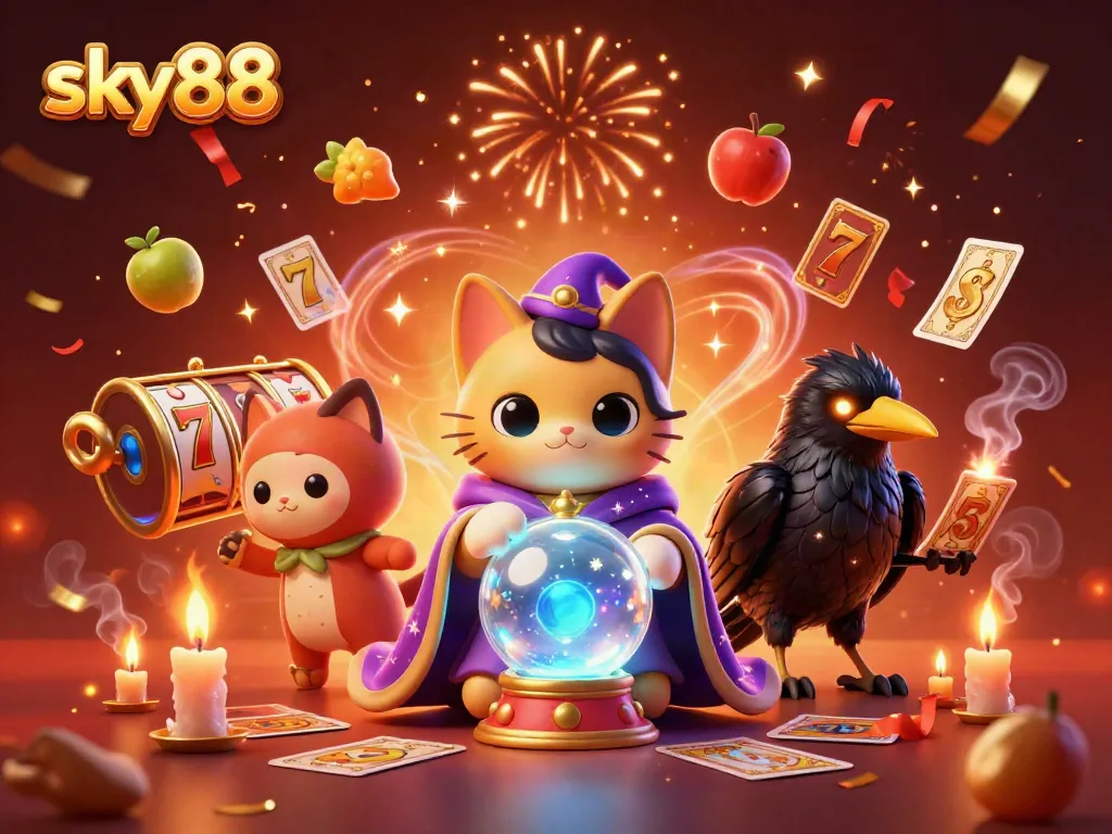 Experience the excitement of sky88 with vibrant characters and dynamic slot game elements in a captivating digital illustration.