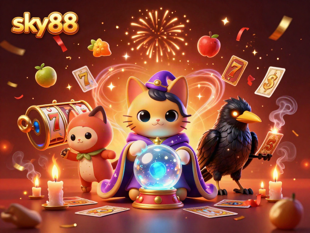 Experience the excitement of sky88 with vibrant characters and dynamic slot game elements in a captivating digital illustration.