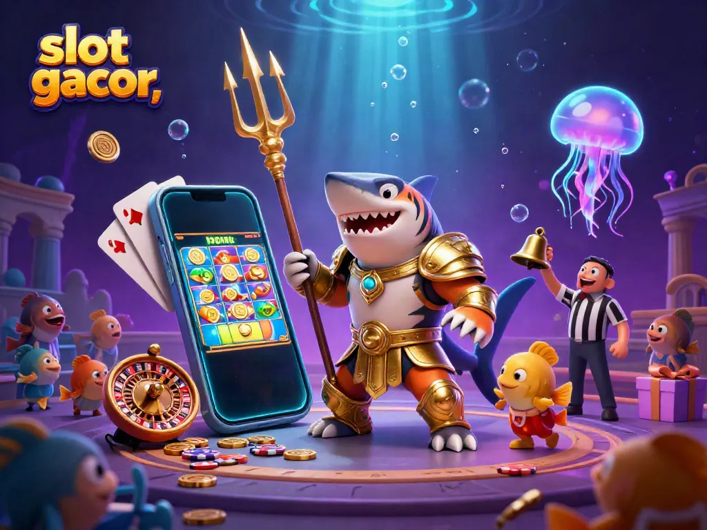 Engage in thrilling slot gacor adventures with a shark gladiator, underwater casino elements.