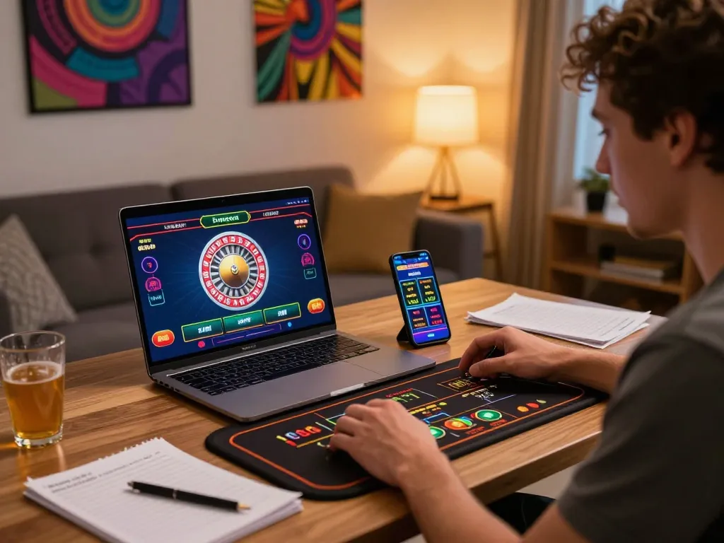 Agen Slot platform experience with laptop showing live dealer gameplay and smartphone displaying betting options.